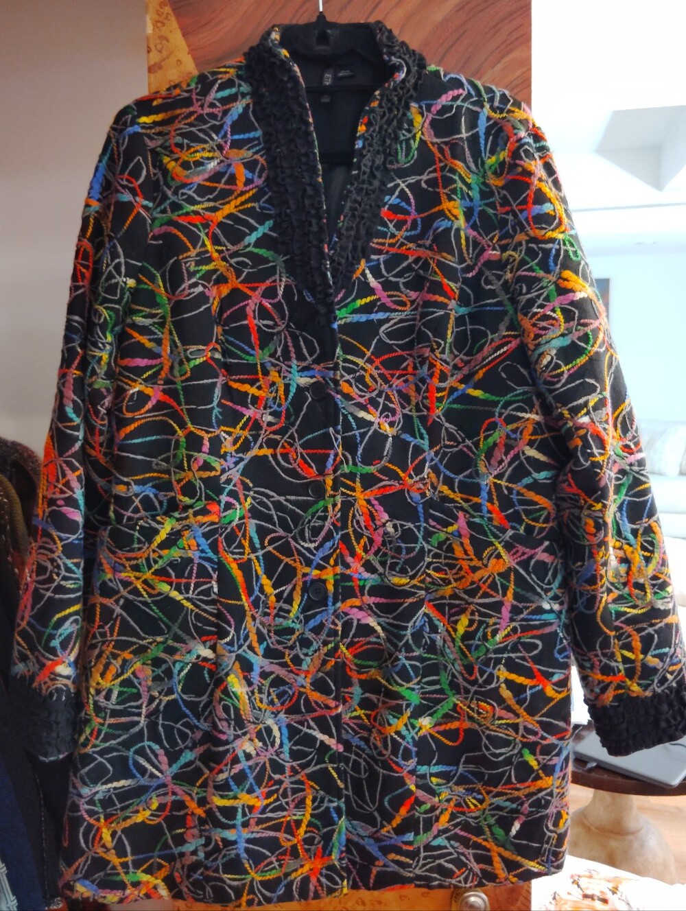 Ethyl Black Multicolor Abstract Quilted Open-Front Mid-Length Jacket XL - Picture 2 of 6
